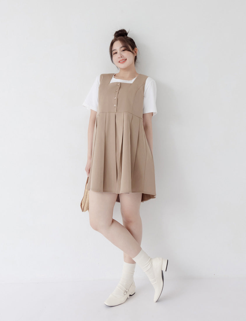 Square Neck Button Pleated Plus Size Mini Dress