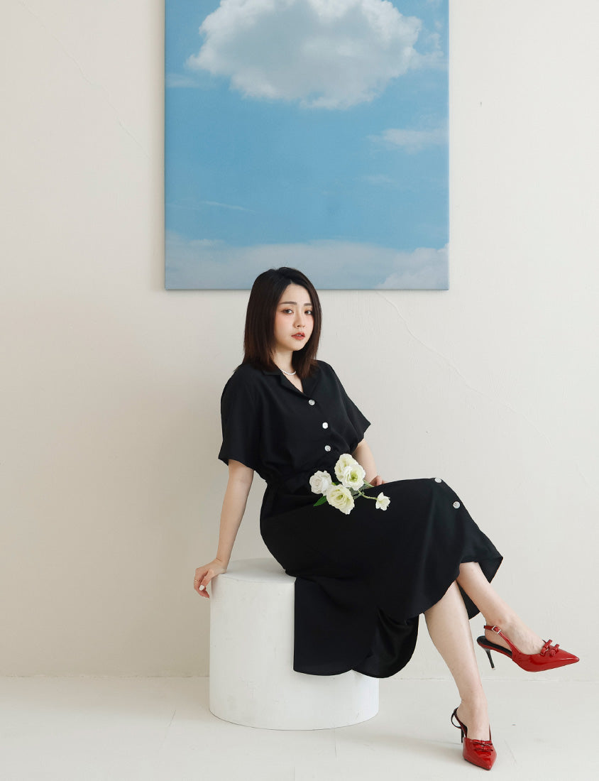 MISS. Cuban Collar Chiffon Button Short Sleeve Dress (with Waist-Tie )