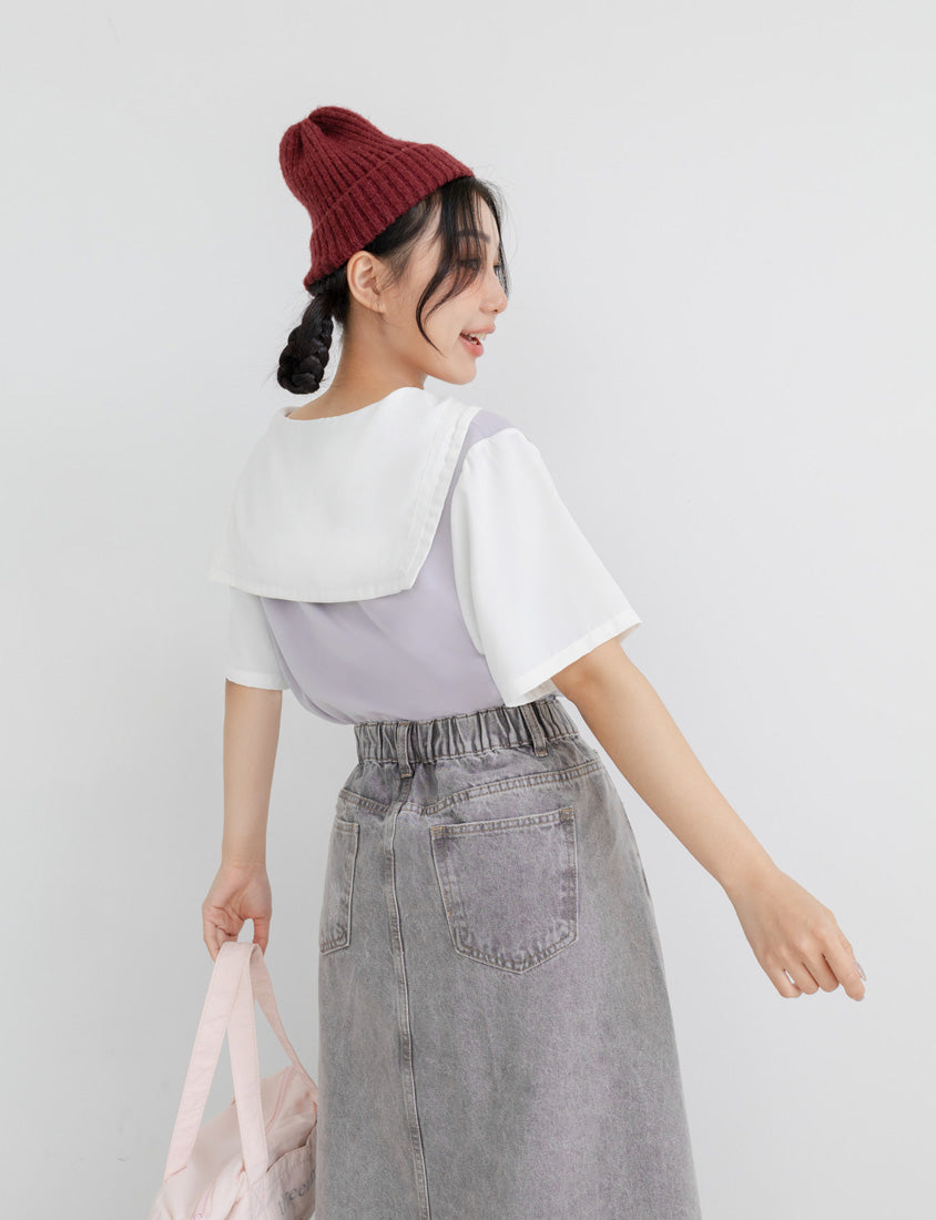 Space Cotton Sailor Collar Faux Two-Piece Plus Size Top