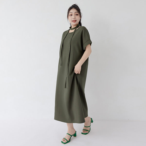 Casual Crew Neck Waist Tie Plus Size Maxi Dress
