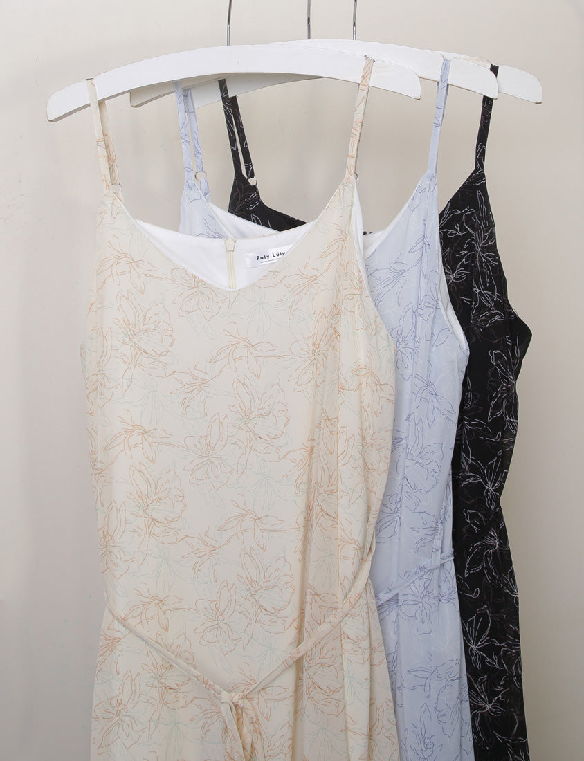 Adjustable Hand-Painted Floral Cami Dress (with Waist Tie)