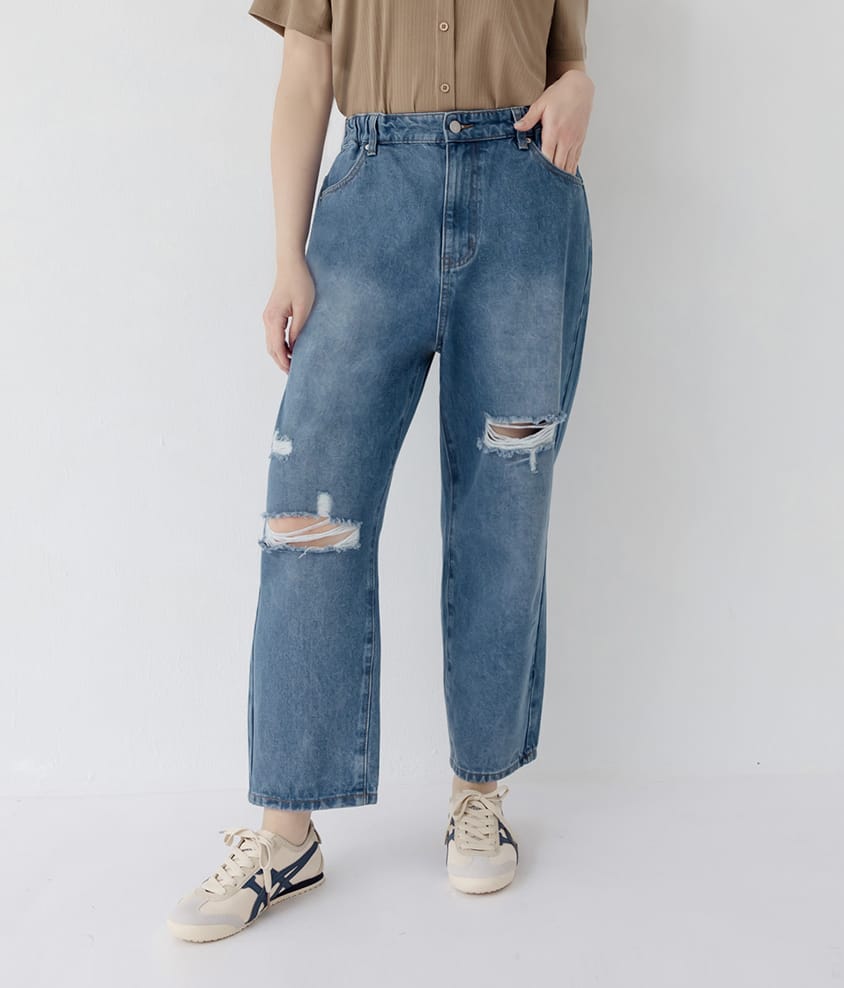 Distressed Side Elastic Waist Plus Size Boyfriend Jeans
