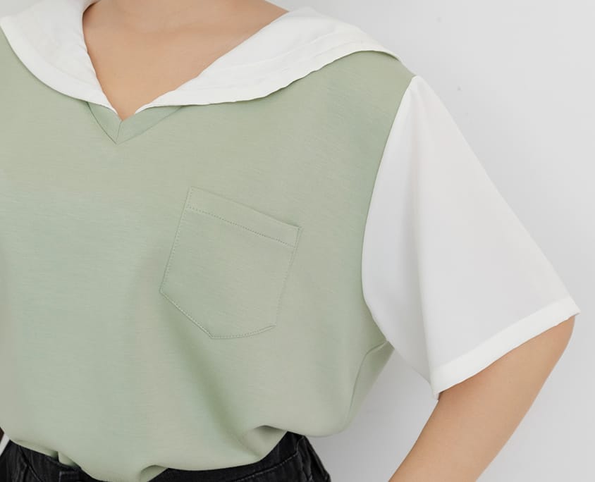 Space Cotton Sailor Collar Faux Two-Piece Plus Size Top