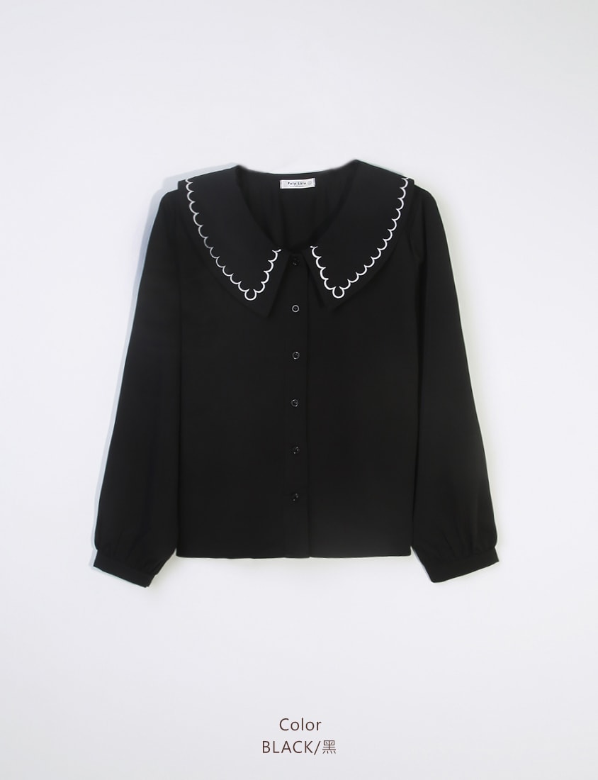 Contrast Embroidered Oversized Collar Plus Size Long Sleeve Shirt