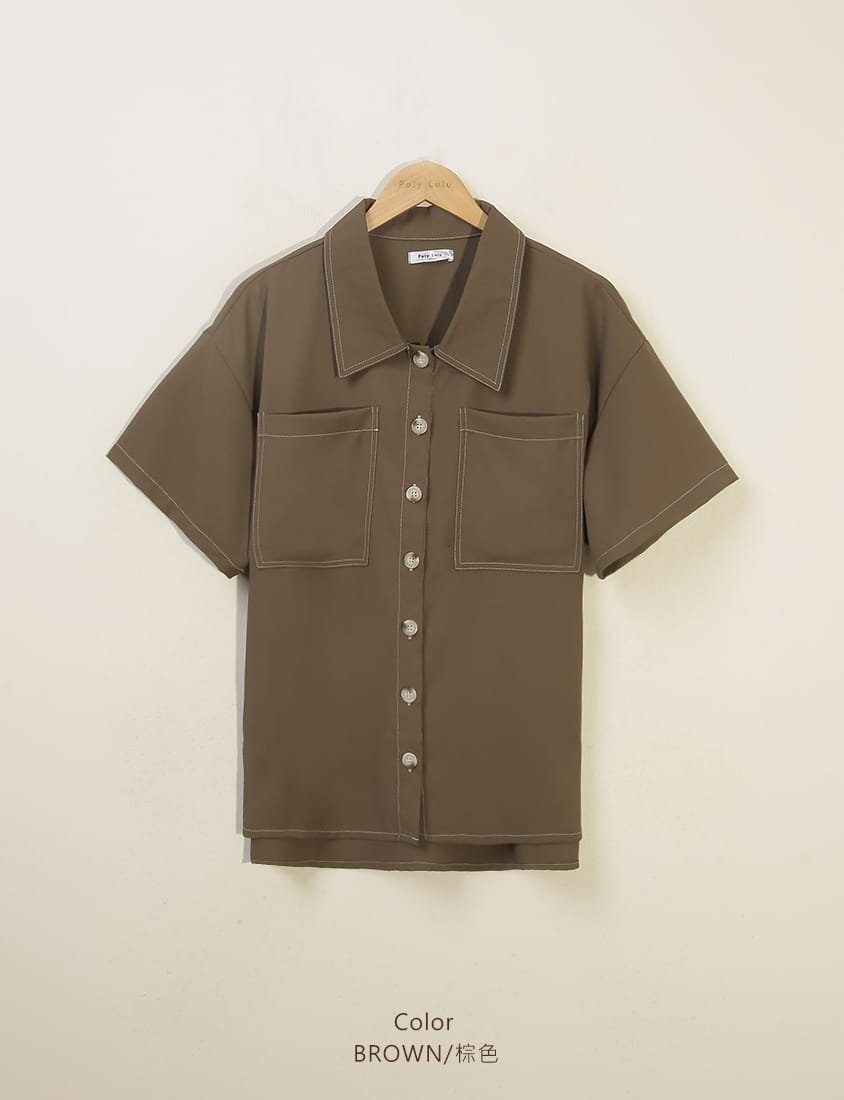 Color-Block Stitched Large Pocket Plus Size Short Sleeve Shirt