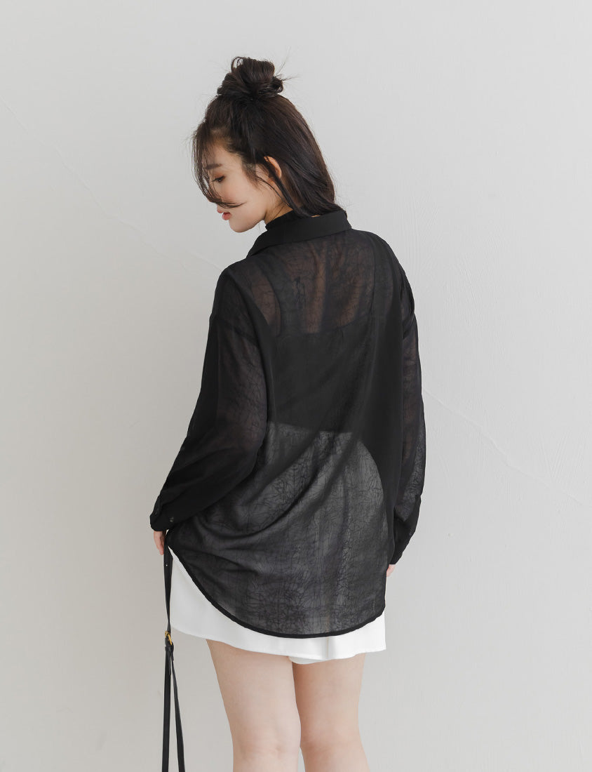 Flowy Crinkled Sheer Plus Size Blouse (With Tie)