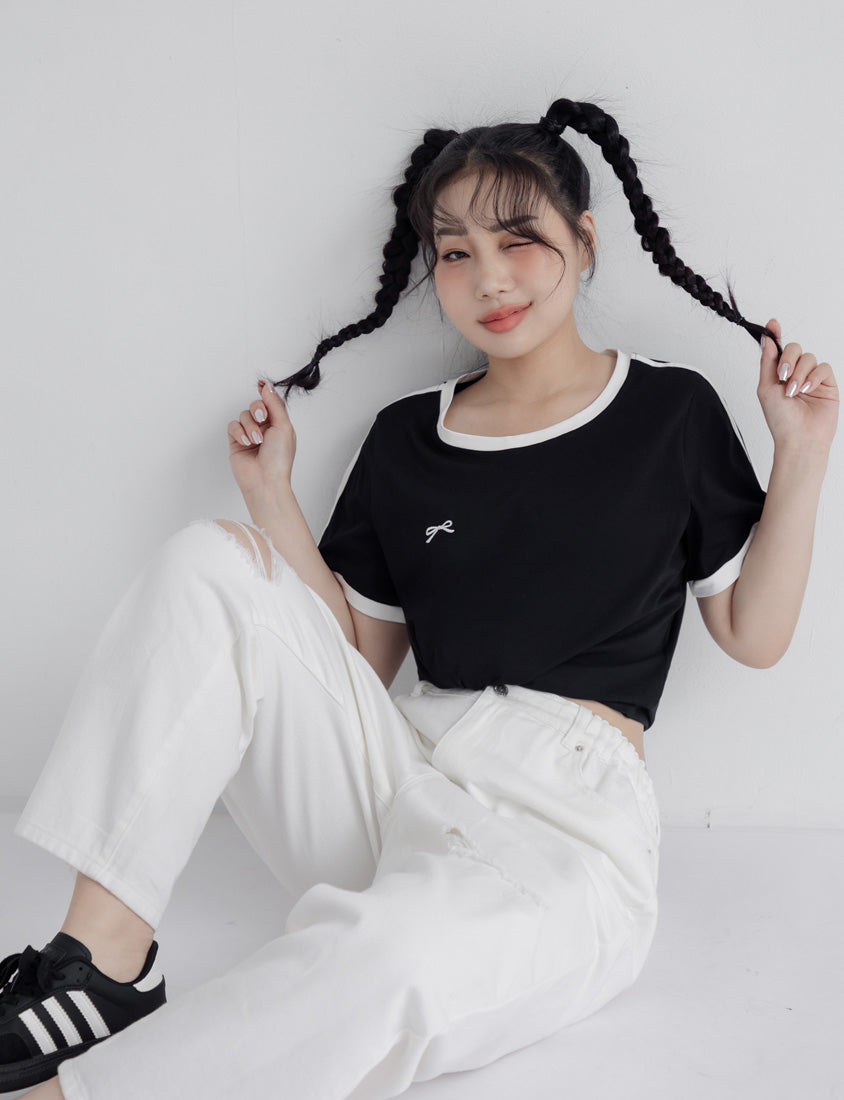 American Style Sporty Bow Embroidery Plus Size Tee
