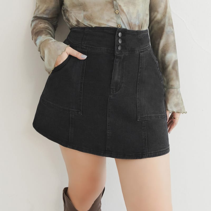 MUA! Ultra Stretch High Waist Washed Denim Plus Size Mini Skirt (With Pants)