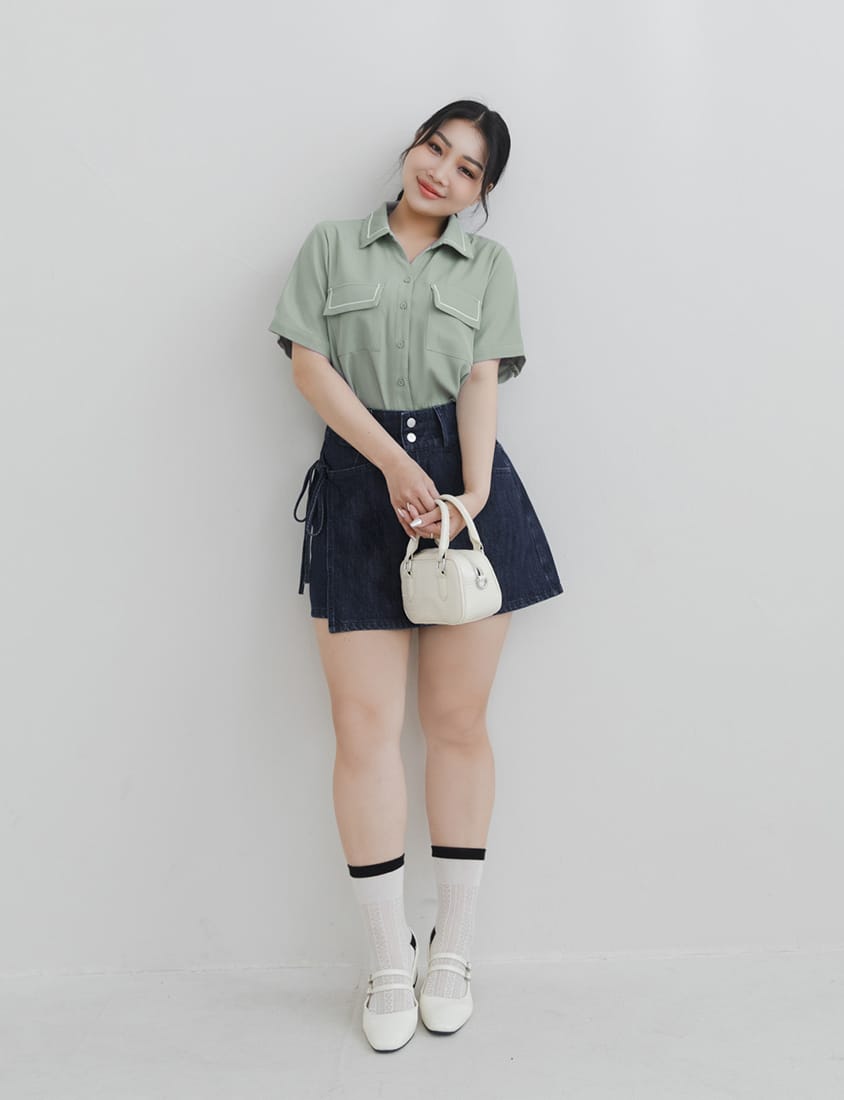 Color-Block Embroidered Pocket Plus-Size Short Sleeve Shirt