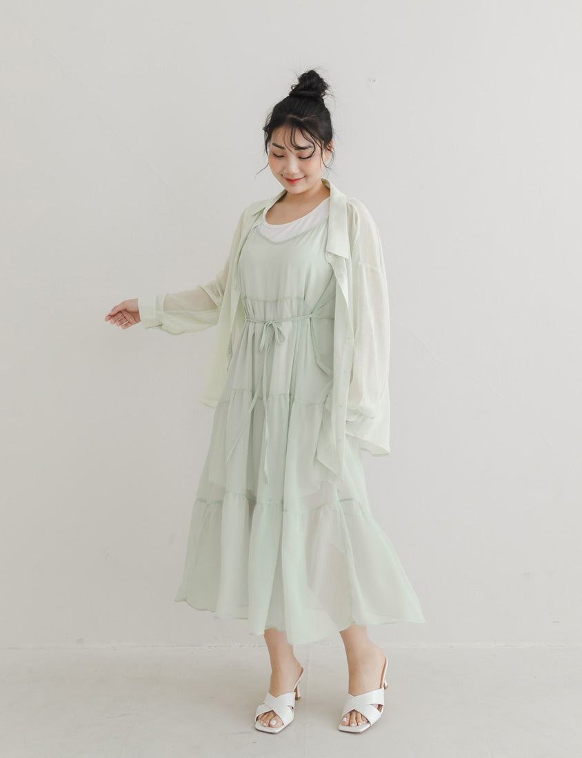 Two Piece Sheer Crinkled Tiered Plus Size Maxi Dress (with Inner Tank)