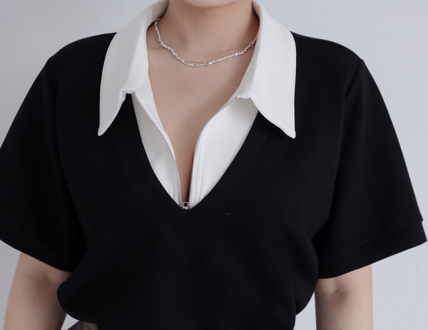MUA! Space Cotton Color-Block Zipper Faux Two-Piece Plus Size Top