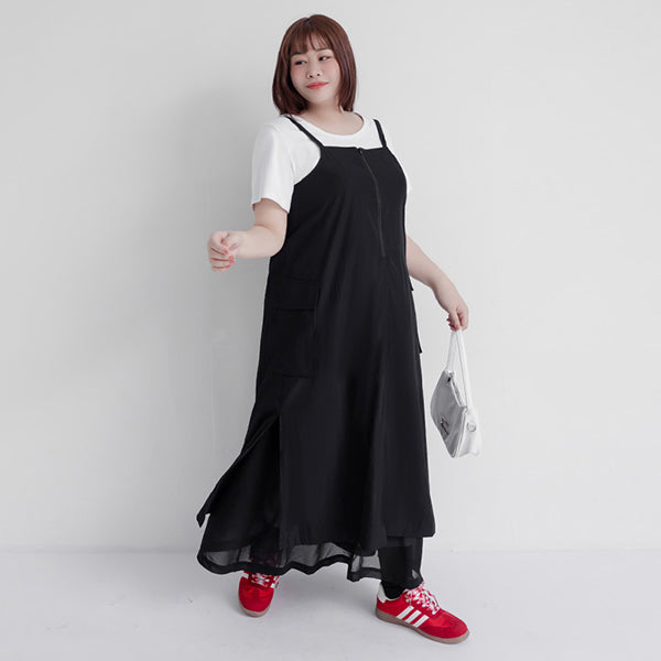 Multi-Layered Cargo Adjustable Strap Plus Size Maxi Dress