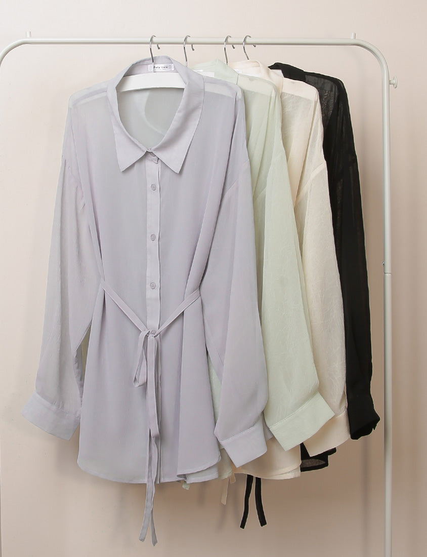 Flowy Crinkled Sheer Plus Size Blouse (With Tie)