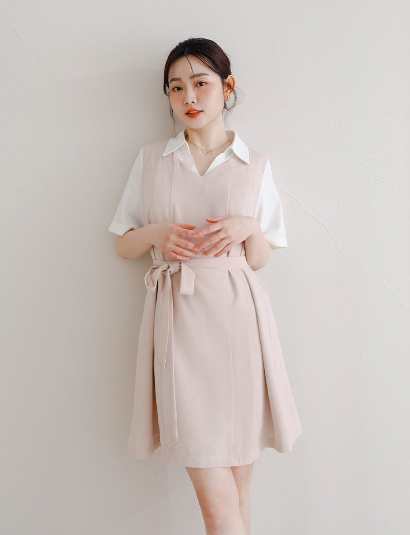 MISS. Faux Two-Piece Color-Block Stitching Plus Size Mini Dress (With Belt)