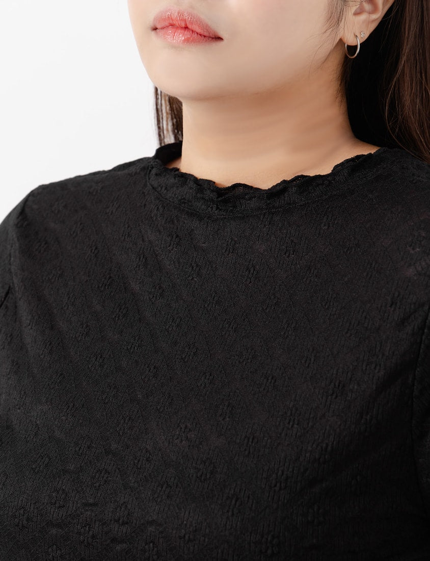 Double-Collar Diamond Lace with Lettuce Edge Plus Size Sheer Top