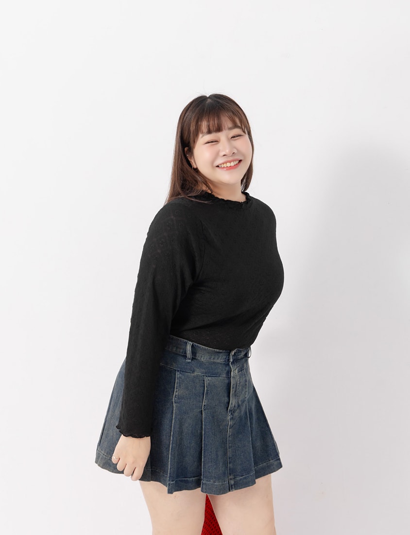 Double-Collar Diamond Lace with Lettuce Edge Plus Size Sheer Top