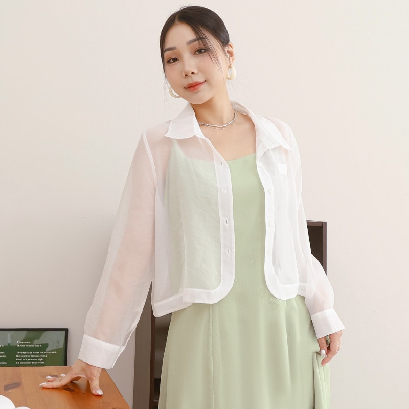 MISS. Faux Pockets Sheer Plus Size Cropped Shirt