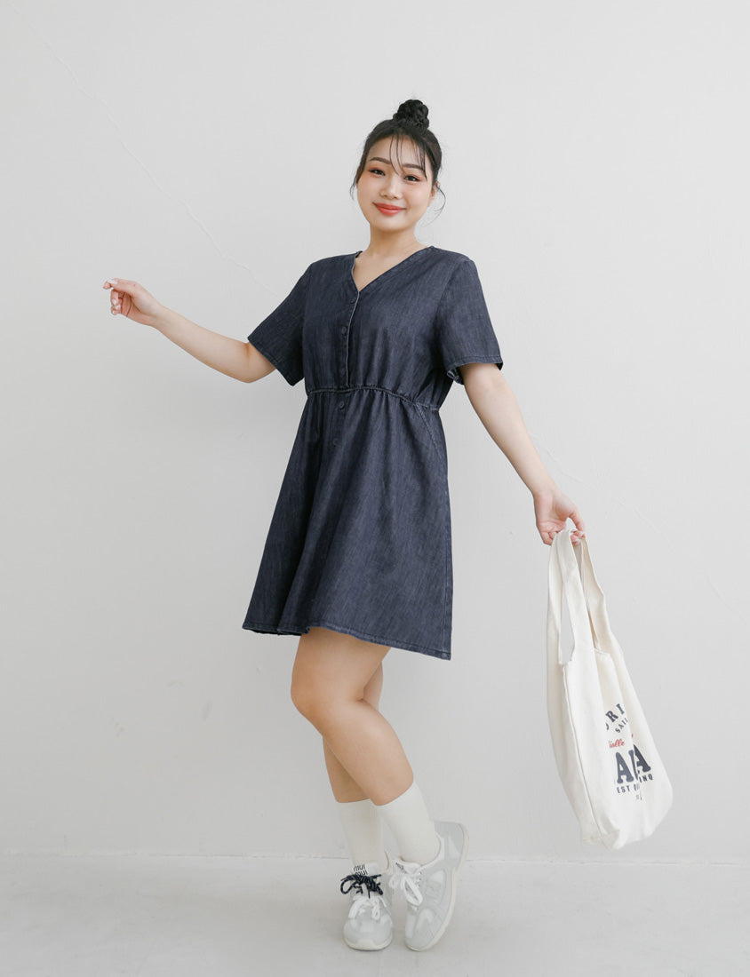 V-Neck Lightweight Denim Elastic Waist Button Plus Size Mini Dress