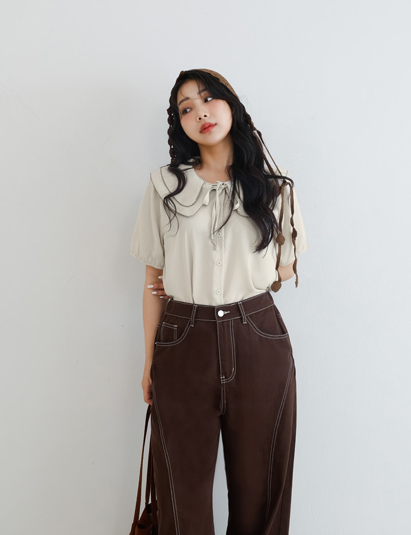 Double Layer Collar Tie Puff Sleeve Plus Size Blouse