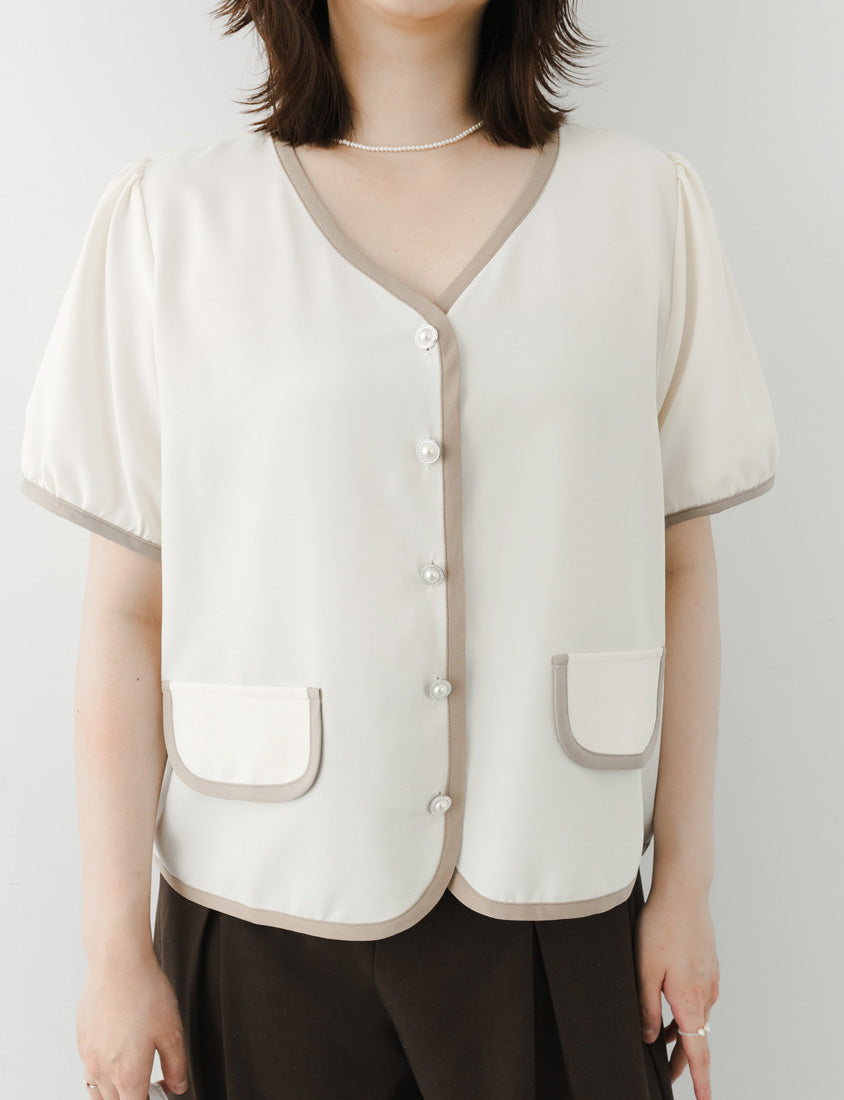 MISS. Elegant Contrast Trim Pearl Button Plus Size Top