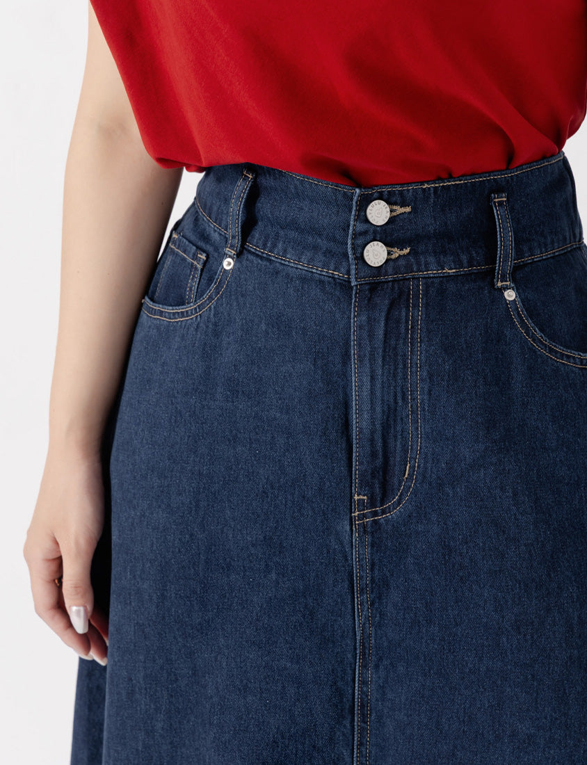 MUA! Front Slit High-Waist Denim A-Line Plus Size Maxi Skirt