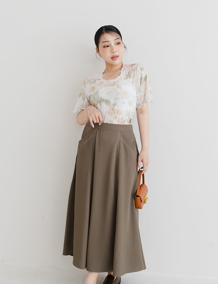 MISS. Contrast Stitch A-Line Back Elastic Waist Plus Size Maxi Skirt