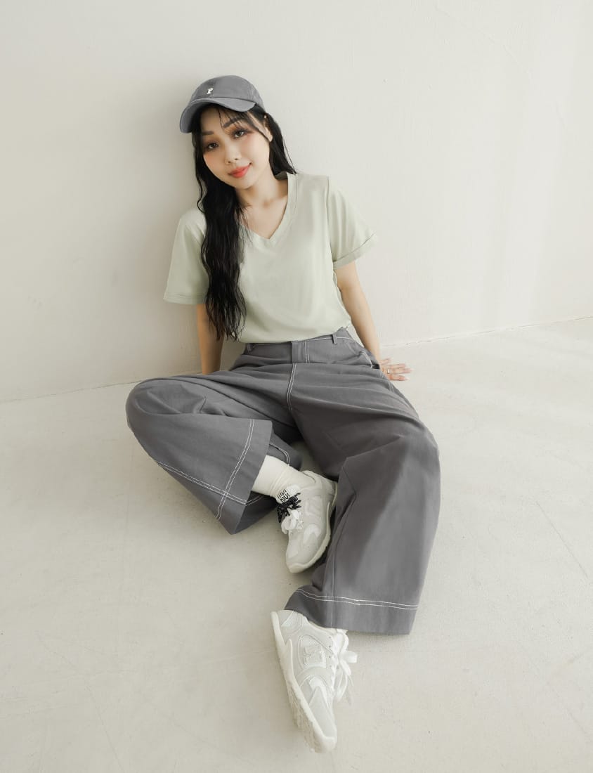 Color-Block Stitched Twill Cotton Straight-Leg Plus Size Pants