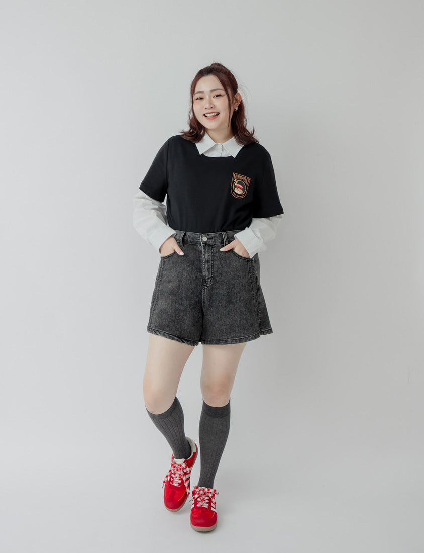 Varsity Contrast Plus Size Denim Shorts