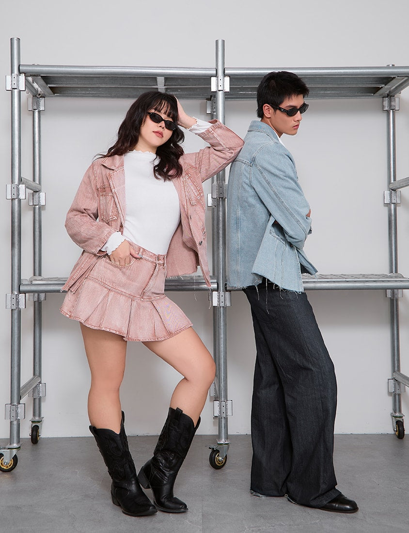 Vintage Washed Denim Plus Size Blazer (Unisex)