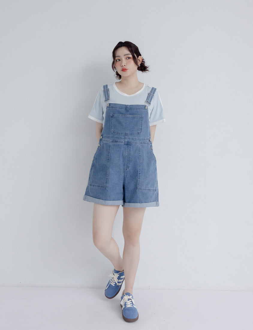 Adjustable Cuffed Denim Plus Size Overall Shorts
