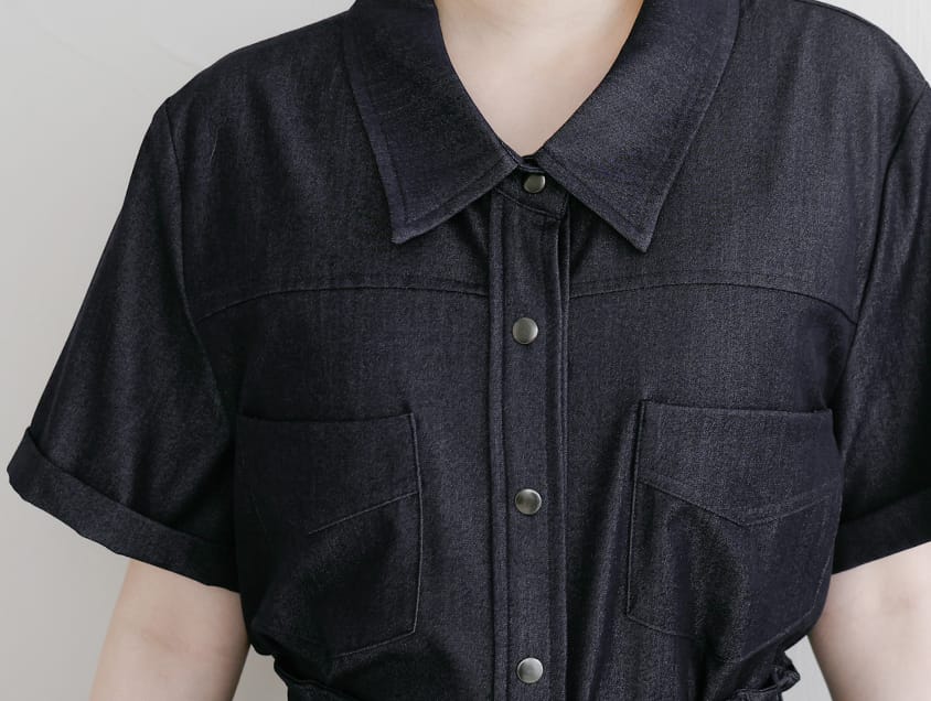 Korean-Style Faux Denim Cuffed Plus Size Short Sleeve Shirt