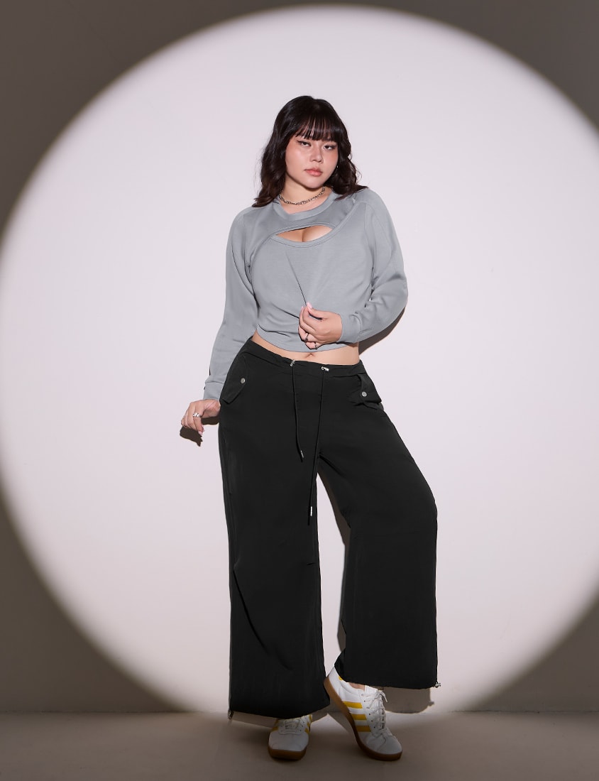 MUA! Cloud Cotton Front Cut-Out Plus Size Long Sleeve Top