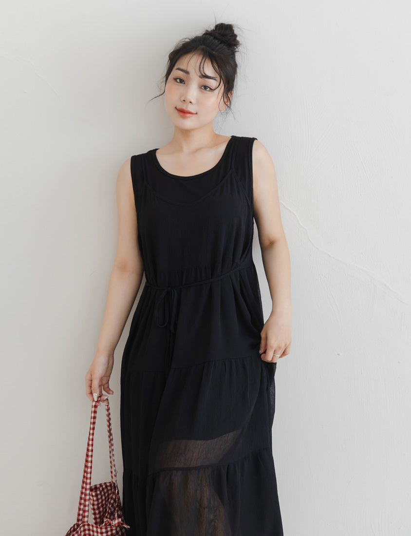 Two Piece Sheer Crinkled Tiered Plus Size Maxi Dress (with Inner Tank)