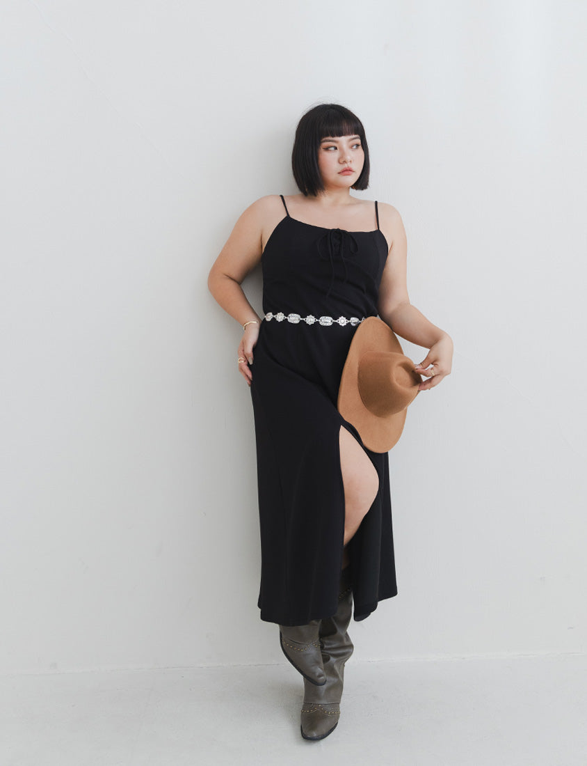 MUA! Space Cotton Adjustable Front Tie Side Slit Plus-Size Dress