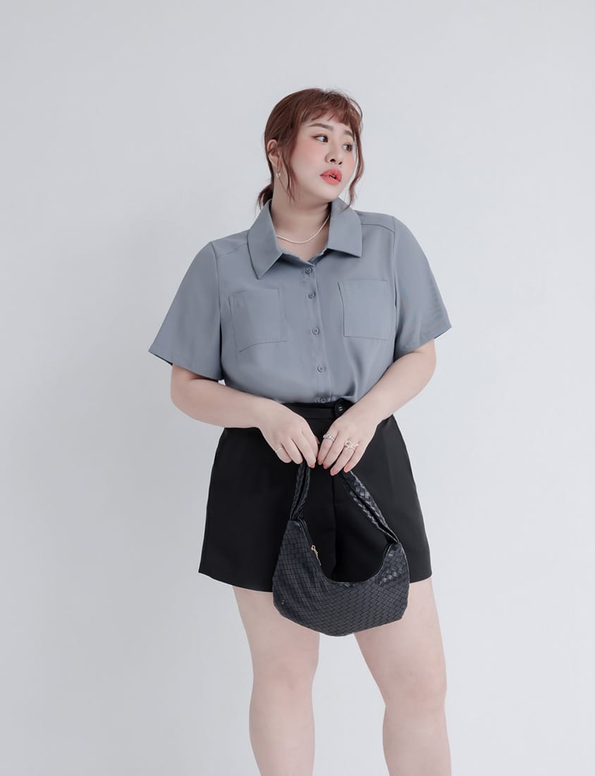 MISS. Drop Shoulder Stitching Double Pocket Plus Size Short Sleeve Shirt