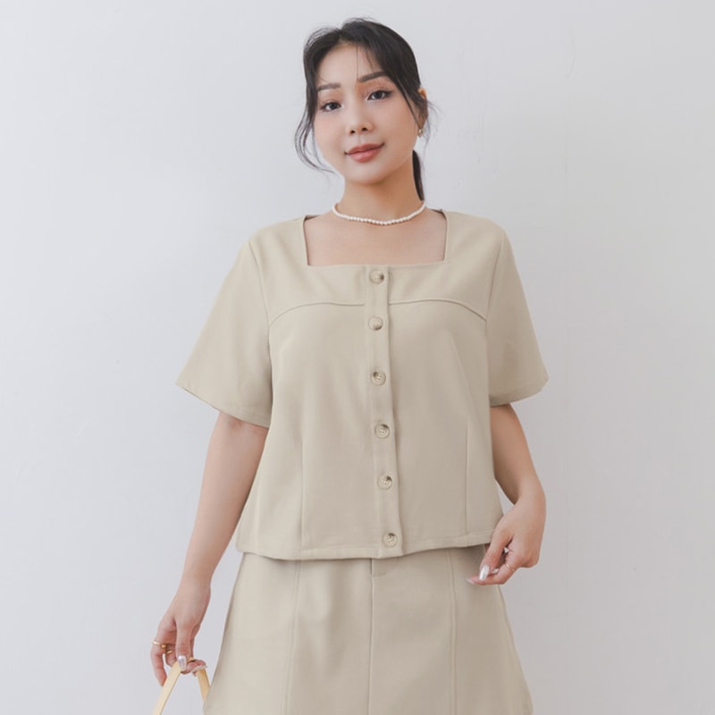 MISS. Korean Style Square Neck Twill Faux Button Top