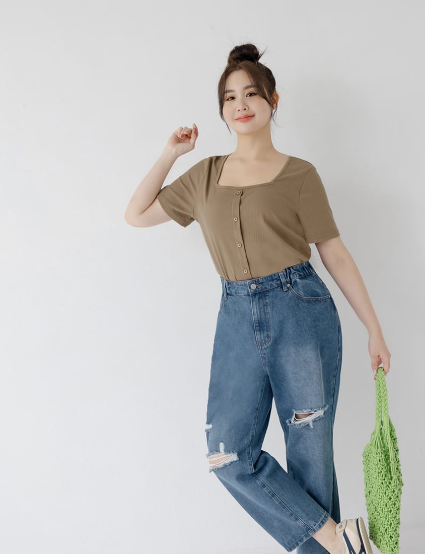 Distressed Side Elastic Waist Plus Size Boyfriend Jeans
