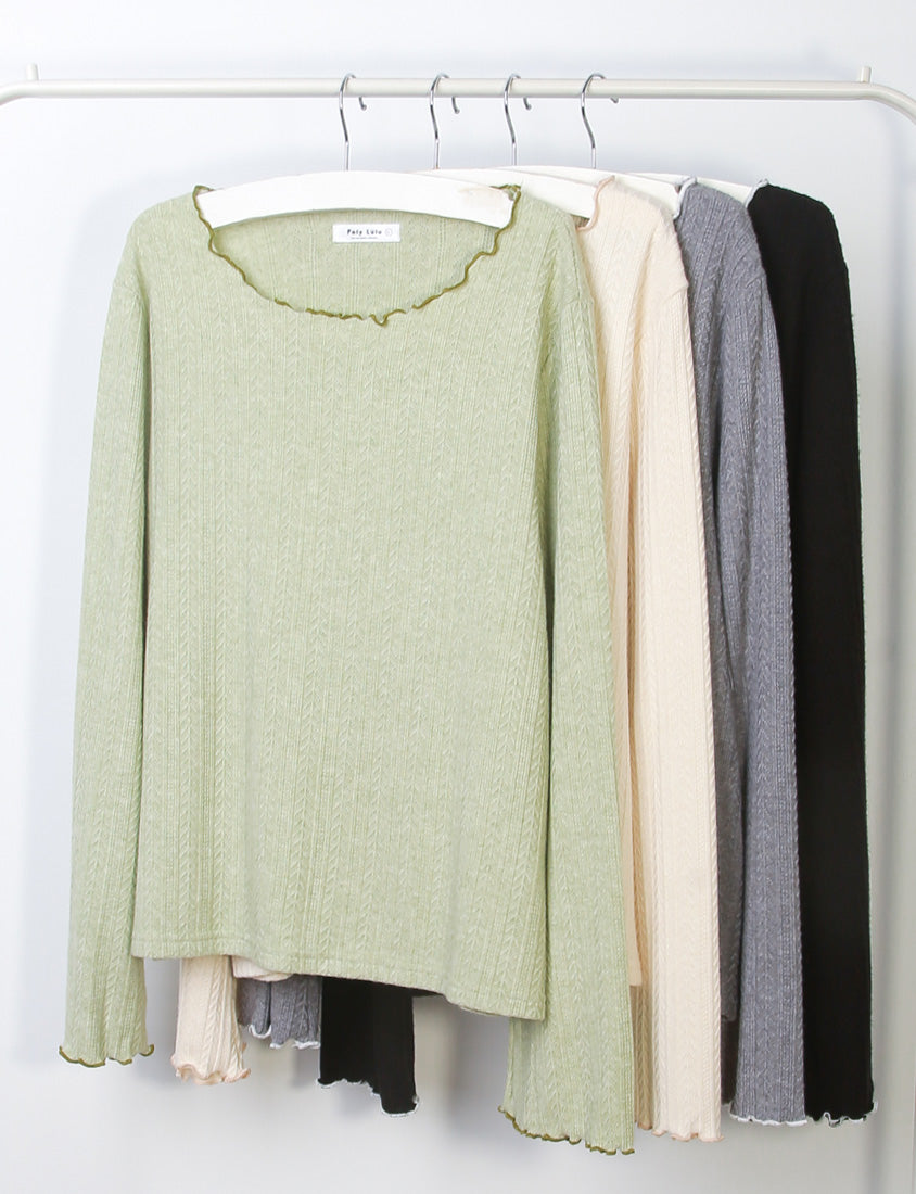 Contrast Lettuce-Edge Jacquard Plus Size Long Sleeve Top