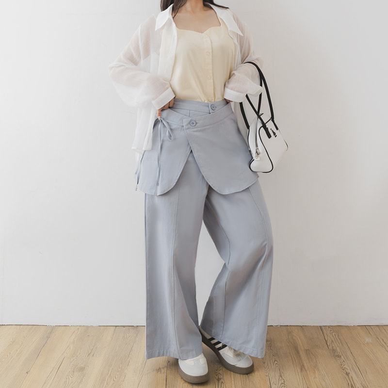 Layered Twill Plus Size Wide-Leg Pants (with Skirt Panel)