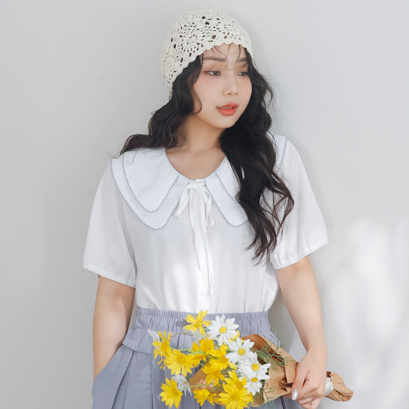 Double Layer Collar Tie Puff Sleeve Plus Size Blouse