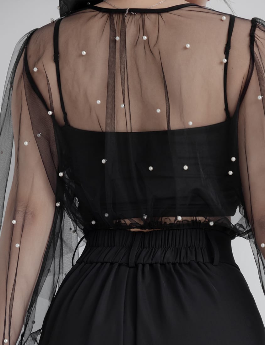 MISS. Romantic Sheer Pearl-Embellished Tie Plus Size Blouse