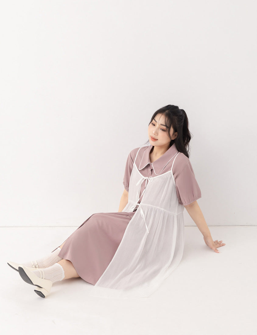 Color-Trimmed Plus Size Puff Sleeve Maxi Dress (With Waist Tie)