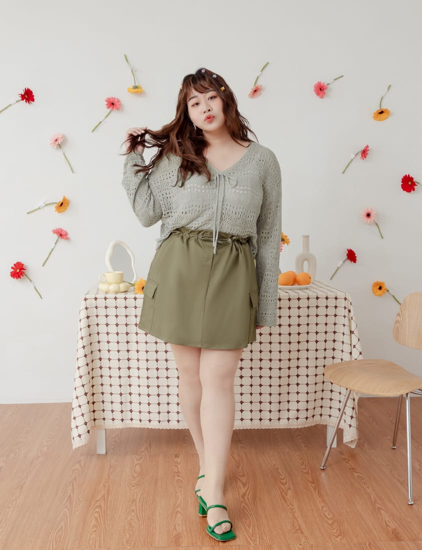 Sweet & Edgy Drawstring Cargo Plus Size Mini Skirt (With Inner Shorts)
