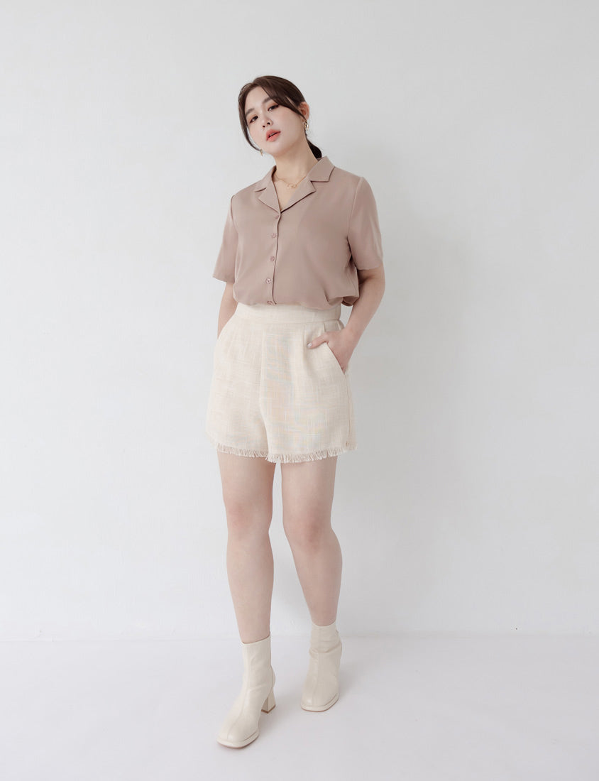 MISS. Glossy Satin Cuban Collar Plus Size Shirt With Floral Buttons