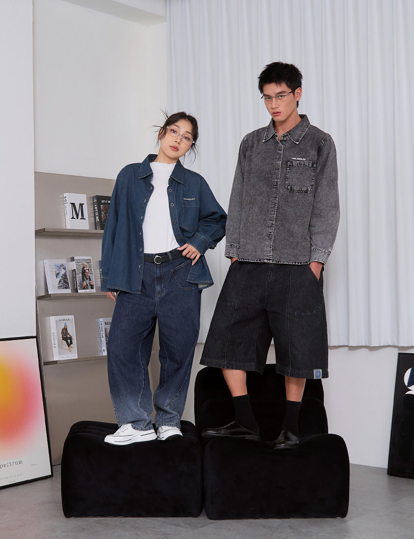 Washed Graphic Oversized Denim Plus Size Long Sleeve Shirt (Unisex)