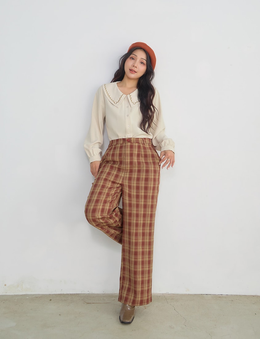 Contrast Embroidered Oversized Collar Plus Size Long Sleeve Shirt