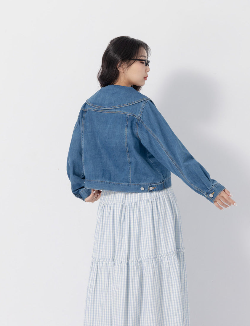 Korean Style Statement Collar Button-Down Plus Size Denim Jacket