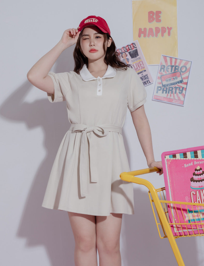 Color-Block Polo Collar Plus Size Mini Dress (With Belt)