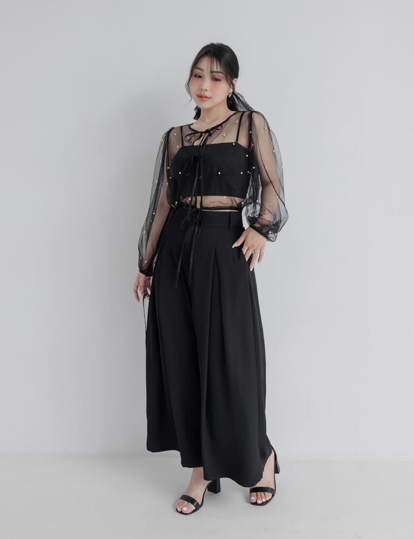 MISS. Romantic Sheer Pearl-Embellished Tie Plus Size Blouse