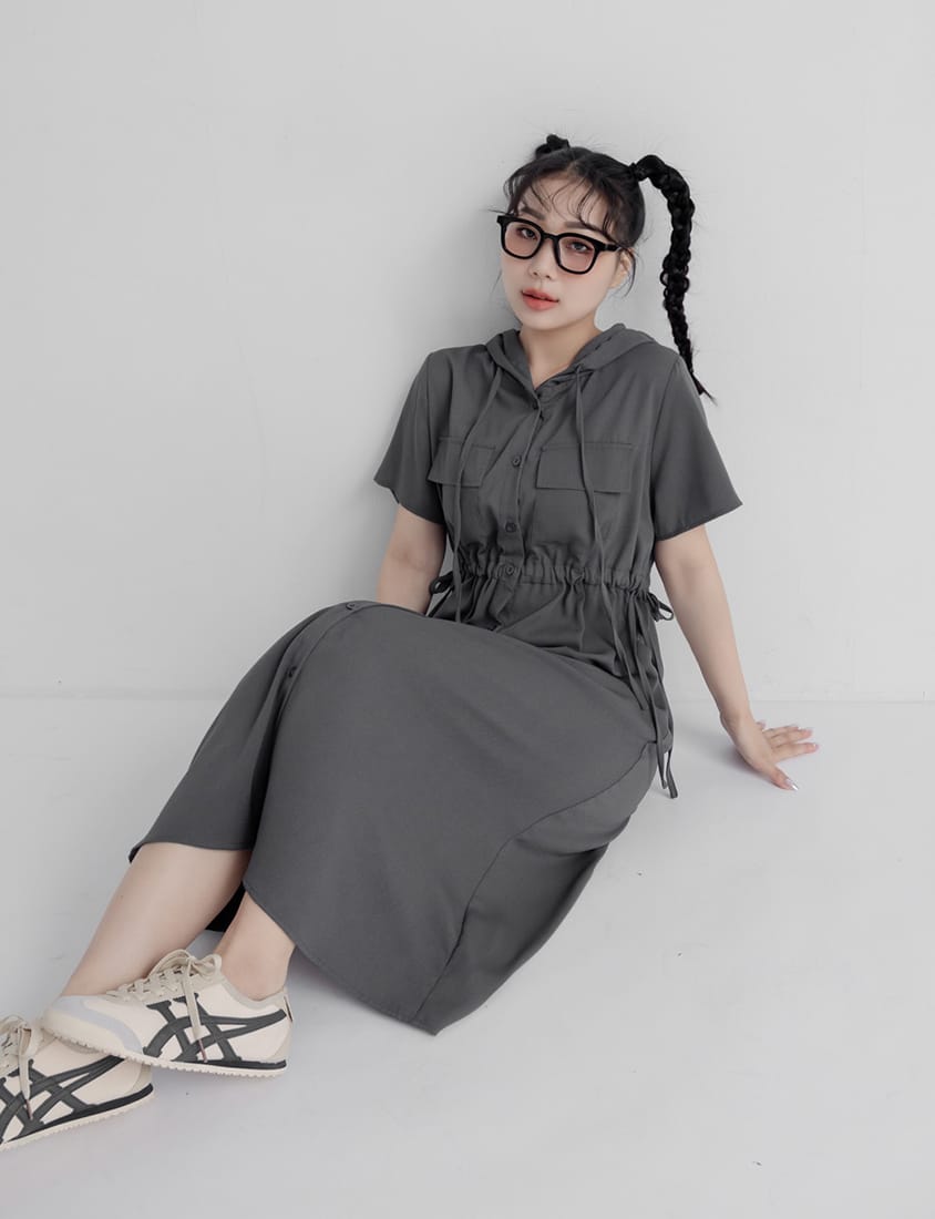 Cargo Hooded Button-Up Plus Size Maxi Dress